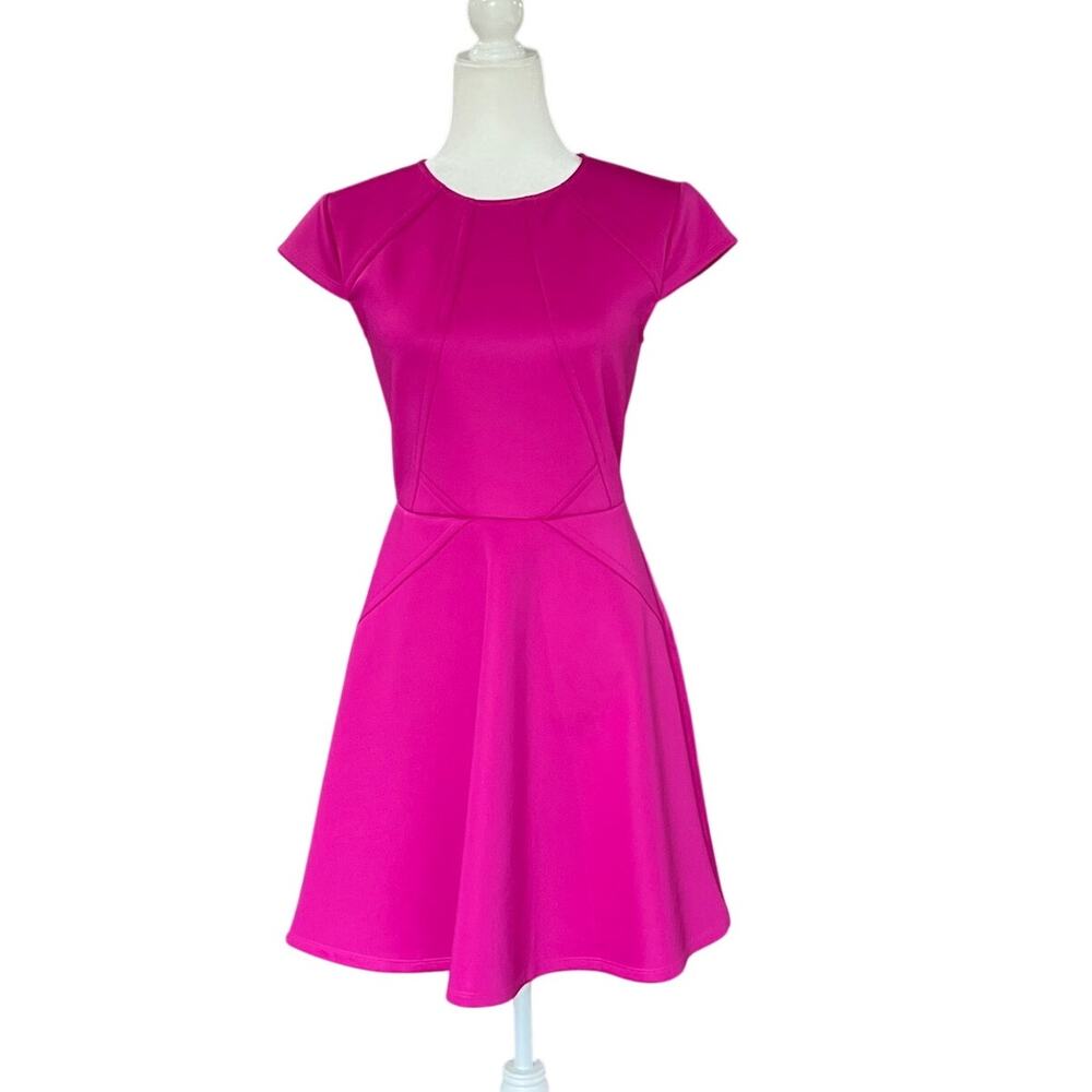 Ted Baker London Seamed Skater Dress Fuschia Crew Neck Cap Sleeve Mini